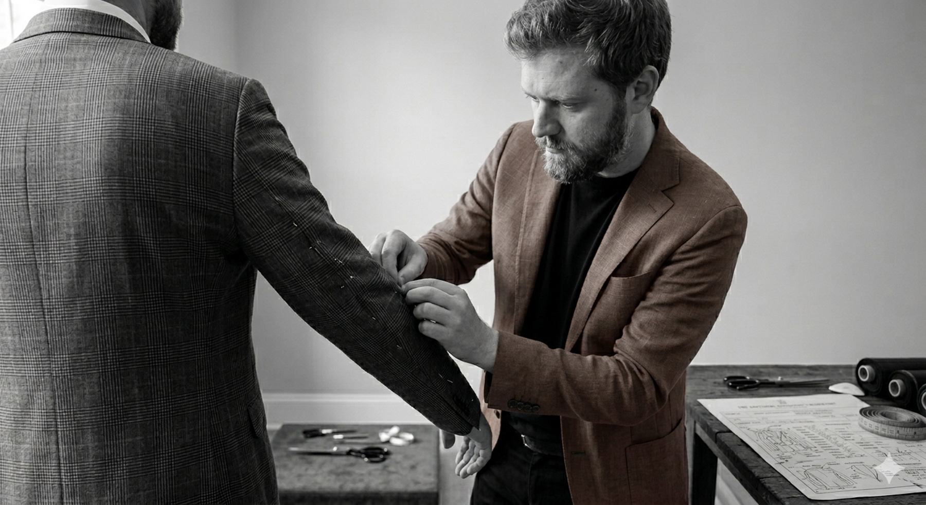 Joshua Stephen Hughes fitting a custom made-to-measure suit jacket — private clothier consultation, Eatontown NJ